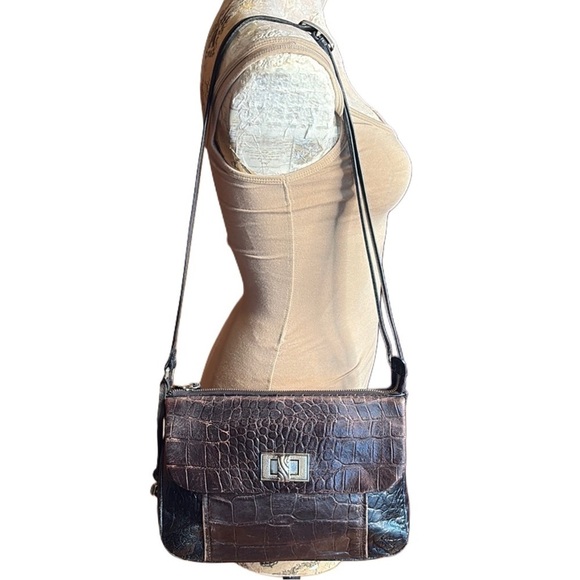 Brighton Ann Marie Bag Black Pearl Chocolate Brown Crocodile Embossed Crossbody - Picture 3 of 17
